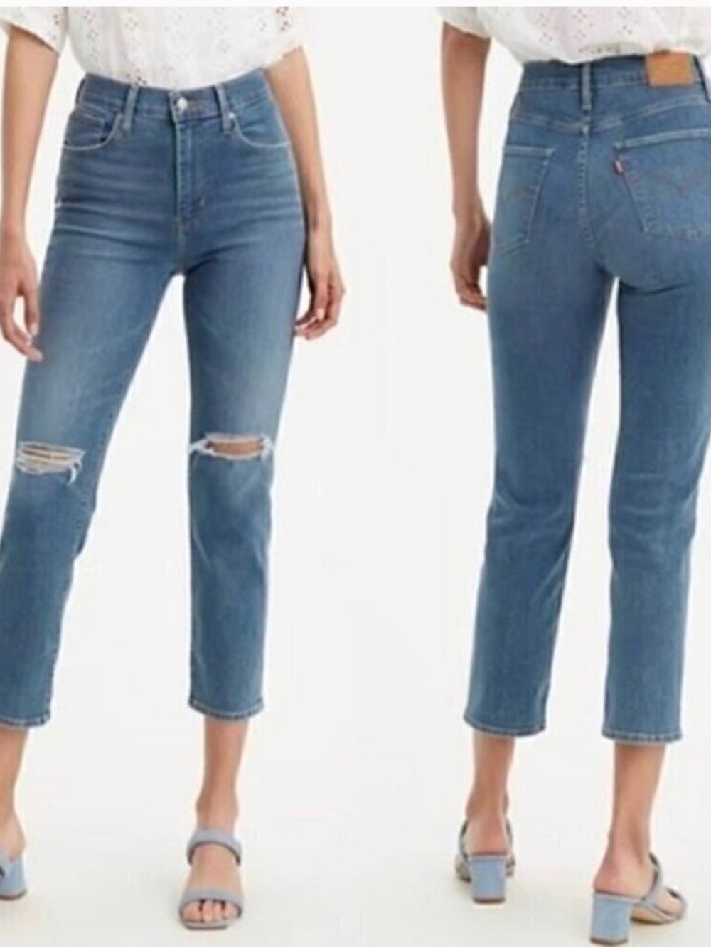 Levi's Light Blue Ankle Crop Straight Jeans with Knee Distress